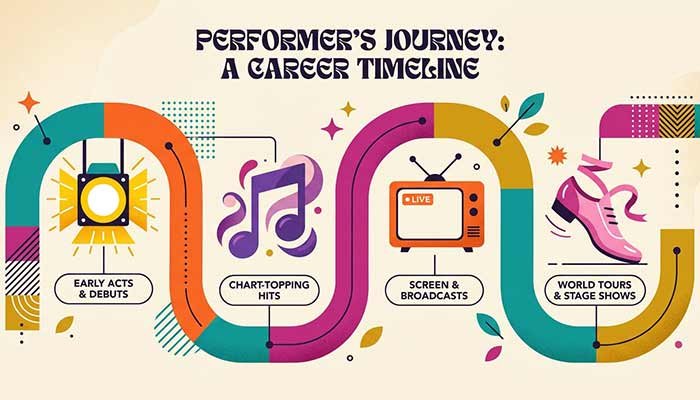 Illustrated timeline icons representing a performer