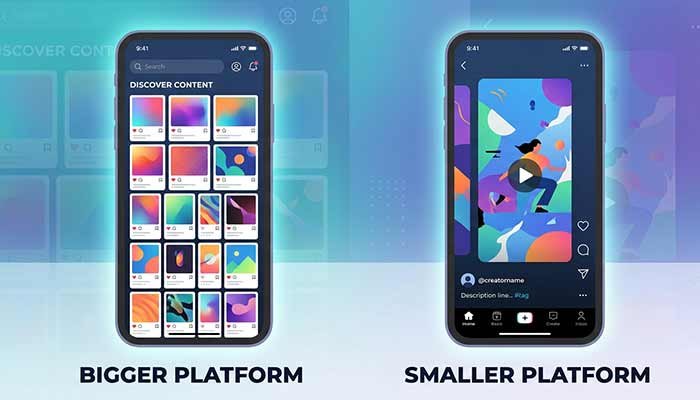 Side-by-side illustration comparing a larger photo-grid platform to a smaller video-feed platform